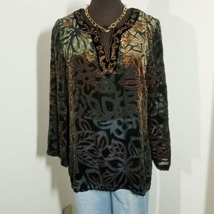 Chico's Burn out Velvet Tunic Boho Black Olive Floral Beaded Rayon Silk 0